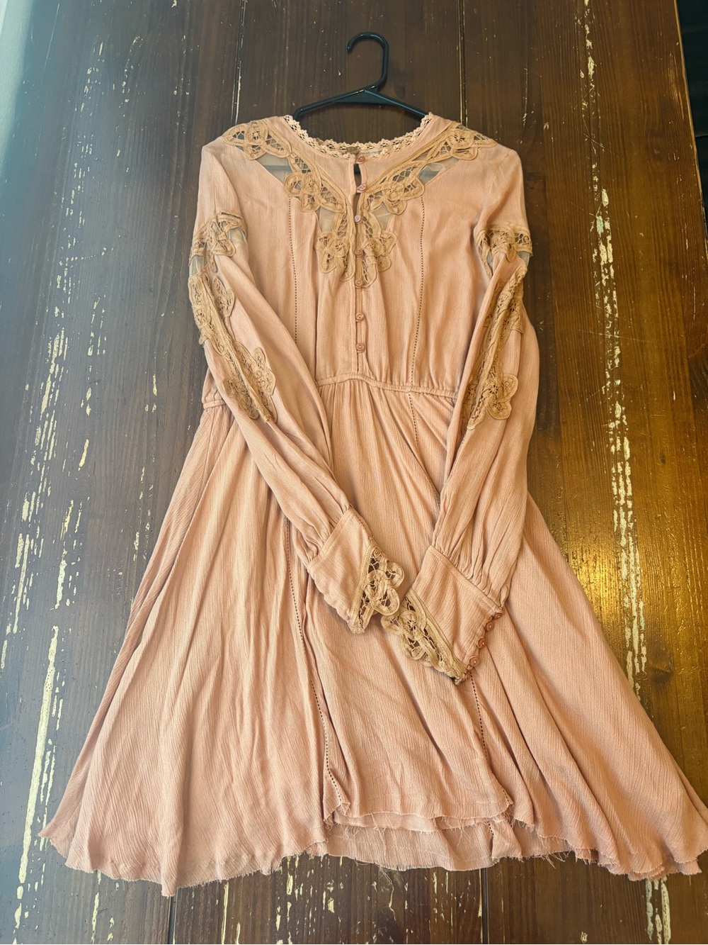 Long-Sleeve Lace-Detail Midi Dress in Blush